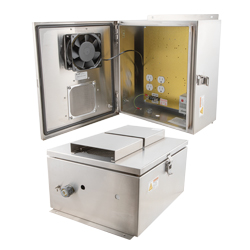 14x12x07不锈钢防风雨室外IP24 NEMA 3R机箱，配备120伏安装板和用户可调恒温加热器和风扇的图片